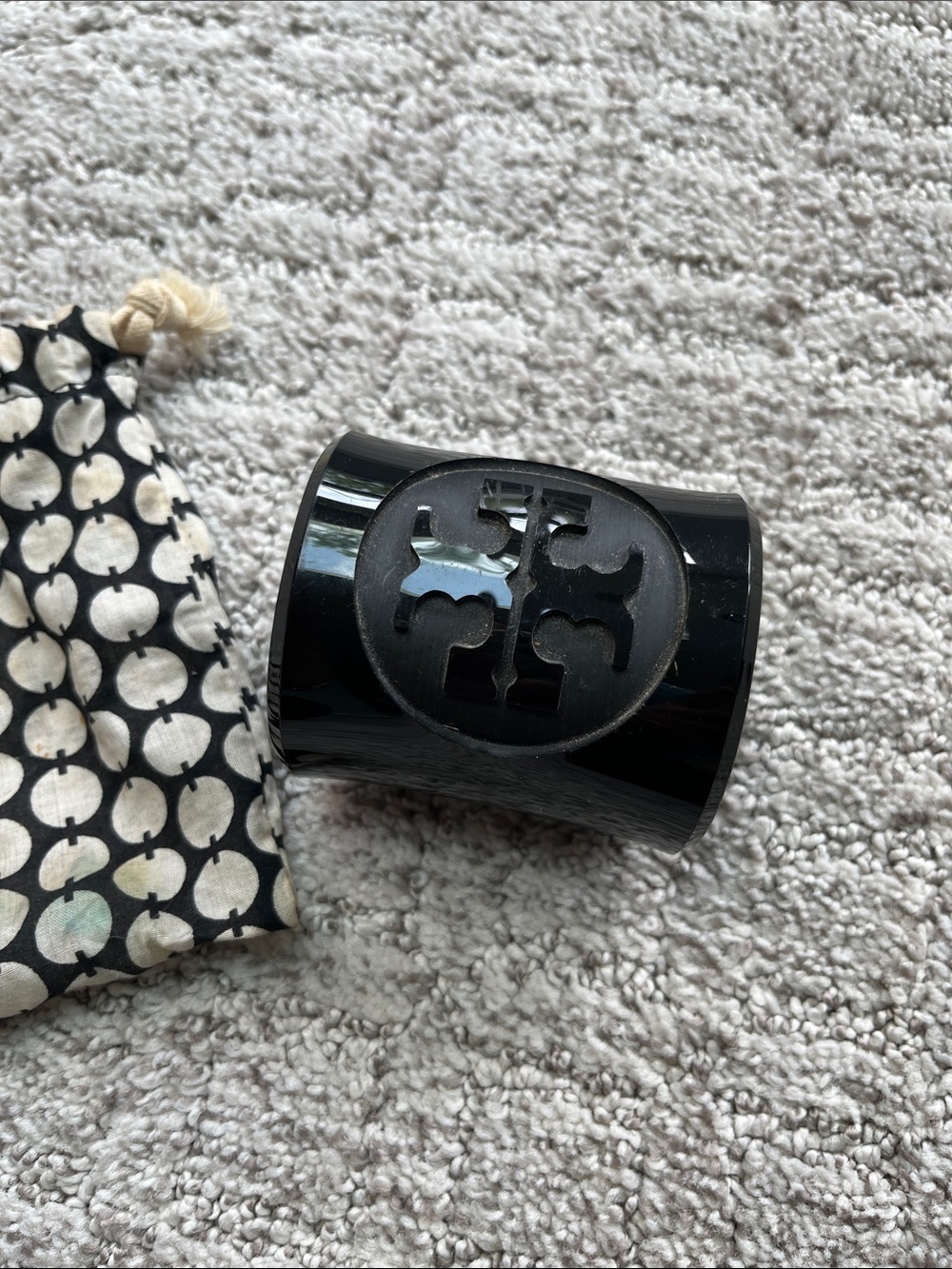 Tory Burch Black Logo Gloss Resin Logo Cuff Bracelet